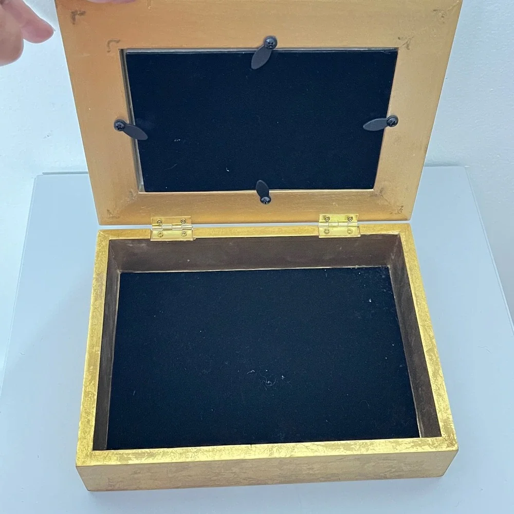 Vintage Jewelry Box Picture Frame Lid Gold Rose Floral Trim 9x7in Keepsake